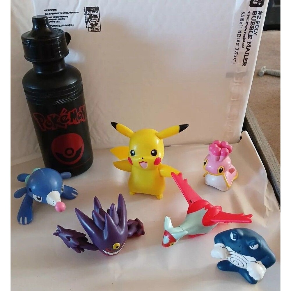 lot of 7 pokemon figures Pikachu, Mega Gengar- Shellos- Sun Moon Seal-Poliwrath